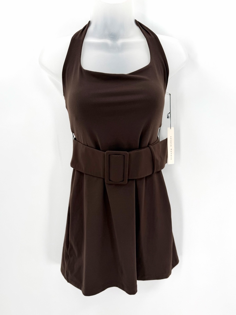 Susana Monaco Dress Womens S Chocolate Brown Halter Neck Mini Wide Belt Stretch